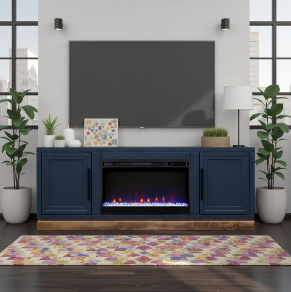 English Elm Nora Farmhouse TV Stand with Built-In Electric Fireplace Wood Veneer Media Console Blue B108P345194