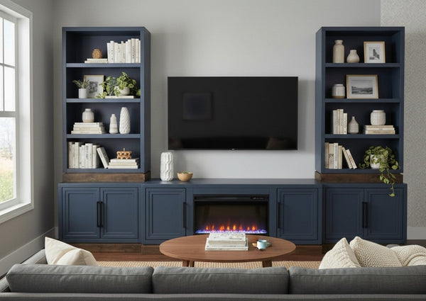 English Elm Nora Farmhouse TV Stand with Built-In Electric Fireplace Wood Veneer Media Console Blue B108P345194