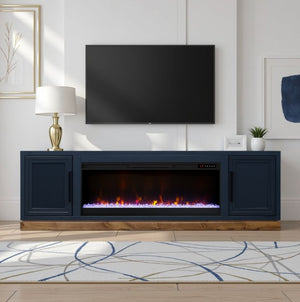 English Elm Nora 81 Inch Fireplace TV Stand Farmhouse Wood Veneer Console with Electric Insert Blue B108P345197