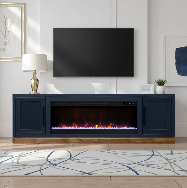 English Elm Nora 81 Inch Fireplace TV Stand Farmhouse Wood Veneer Console with Electric Insert Blue B108P345197