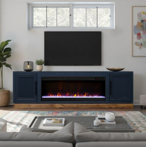 English Elm Nora 81 Inch Fireplace TV Stand Farmhouse Wood Veneer Console with Electric Insert Blue B108P345197