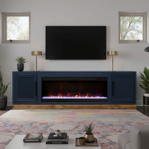 English Elm Nora 81 Inch Fireplace TV Stand Farmhouse Wood Veneer Console with Electric Insert Blue B108P345197
