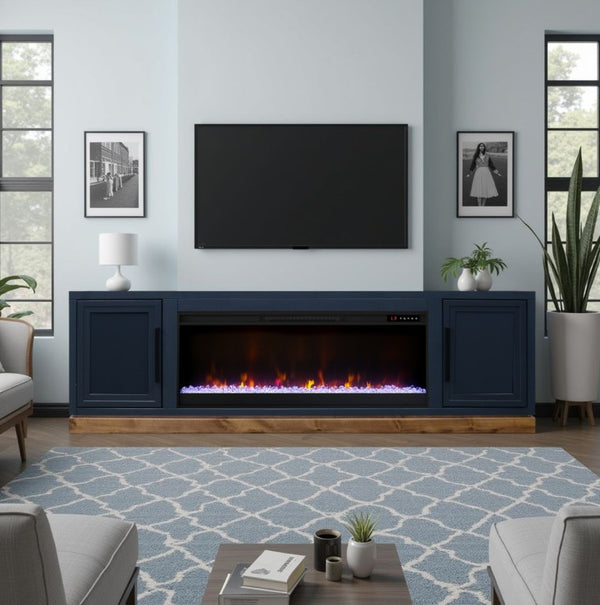English Elm Nora 81 Inch Fireplace TV Stand Farmhouse Wood Veneer Console with Electric Insert Blue B108P345197