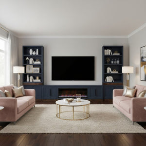 English Elm Nora 81 Inch Fireplace TV Stand Farmhouse Wood Veneer Console with Electric Insert Blue B108P345197