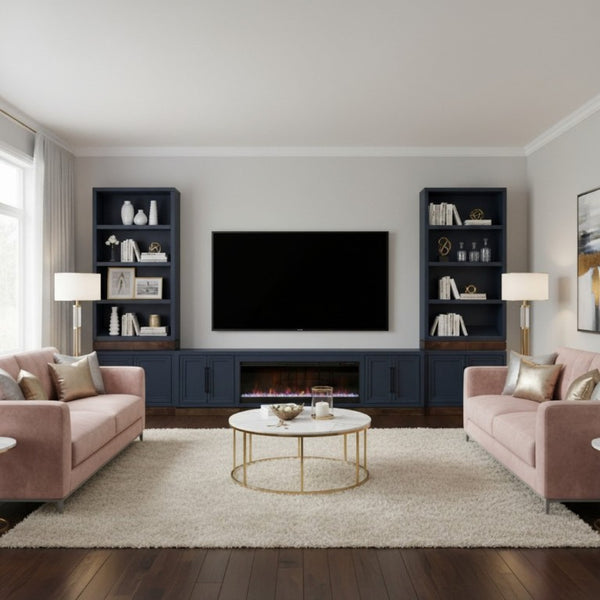 English Elm Nora 81 Inch Fireplace TV Stand Farmhouse Wood Veneer Console with Electric Insert Blue B108P345197