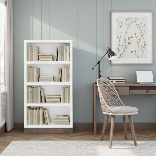 English Elm Evermont Tall Asymmetrical Bookcase with 7 Shelves Wood Grain Laminate Home Office White 32 L x 12 W x 60 H B108P345202