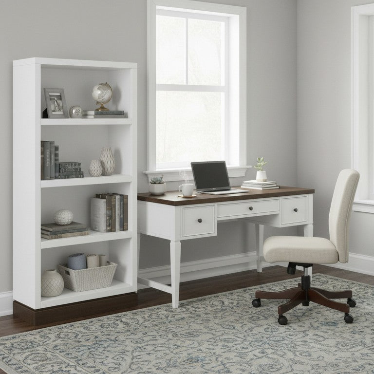 English Elm Evermont Tall Asymmetrical Bookcase with 7 Shelves Wood Grain Laminate Home Office White 32 L x 12 W x 60 H B108P345202