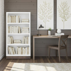 English Elm Evermont Tall Asymmetrical Bookcase with 7 Shelves Wood Grain Laminate Home Office White 32 L x 12 W x 60 H B108P345202