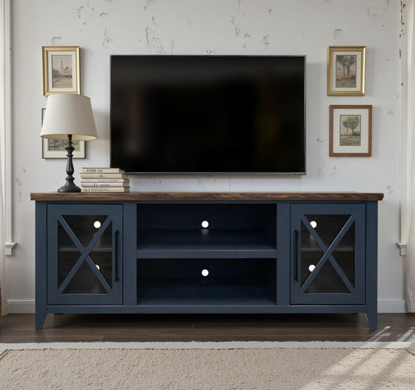 English Elm Ithaca 66 Inch Media Console Solid Wood Glass Door Tv Stand Coastal Farmhouse Style Blue B108P427274