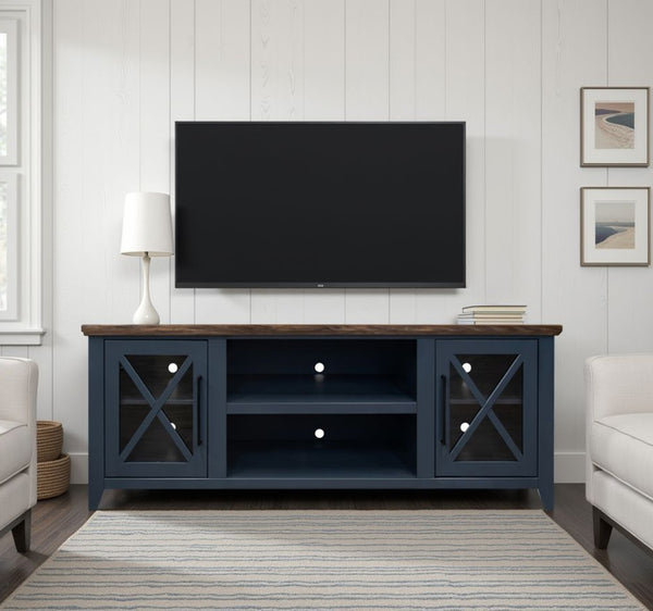 English Elm Ithaca 66 Inch Media Console Solid Wood Glass Door Tv Stand Coastal Farmhouse Style Blue B108P427274