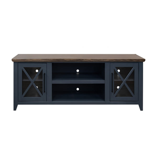 English Elm Ithaca 66 Inch Media Console Solid Wood Glass Door Tv Stand Coastal Farmhouse Style Blue B108P427274