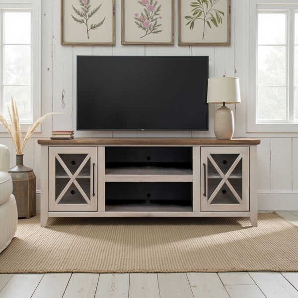 English Elm Ithaca 66 Inch Media Console Solid Wood Glass Door Tv Stand Coastal Farmhouse Style Beige B108P427275