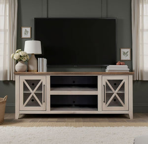 English Elm Ithaca 66 Inch Media Console Solid Wood Glass Door Tv Stand Coastal Farmhouse Style Beige B108P427275
