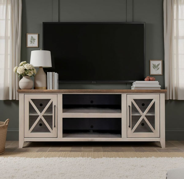 English Elm Ithaca 66 Inch Media Console Solid Wood Glass Door Tv Stand Coastal Farmhouse Style Beige B108P427275