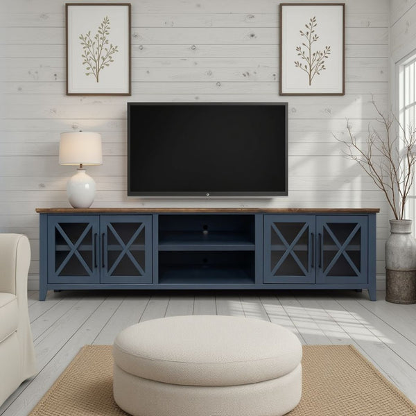 English Elm Ithaca 96 Inch Farmhouse Coastal Entertainment Console with Glass X-pane Doors Fully Assembled Blue B108P427276