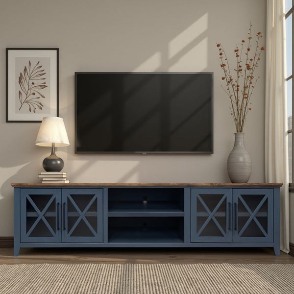 English Elm Ithaca 96 Inch Farmhouse Coastal Entertainment Console with Glass X-pane Doors Fully Assembled Blue B108P427276