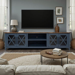 English Elm Ithaca 96 Inch Farmhouse Coastal Entertainment Console with Glass X-pane Doors Fully Assembled Blue B108P427276