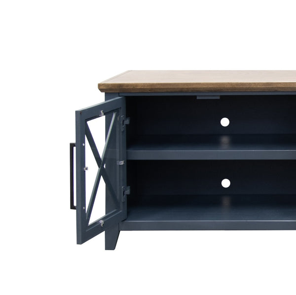 English Elm Ithaca 96 Inch Farmhouse Coastal Entertainment Console with Glass X-pane Doors Fully Assembled Blue B108P427276