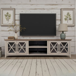 English Elm Ithaca 96 Inch Farmhouse Coastal Entertainment Console with Glass X-pane Doors Fully Assembled Beige B108P427277
