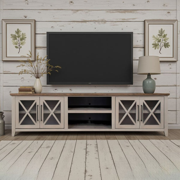 English Elm Ithaca 96 Inch Farmhouse Coastal Entertainment Console with Glass X-pane Doors Fully Assembled Beige B108P427277