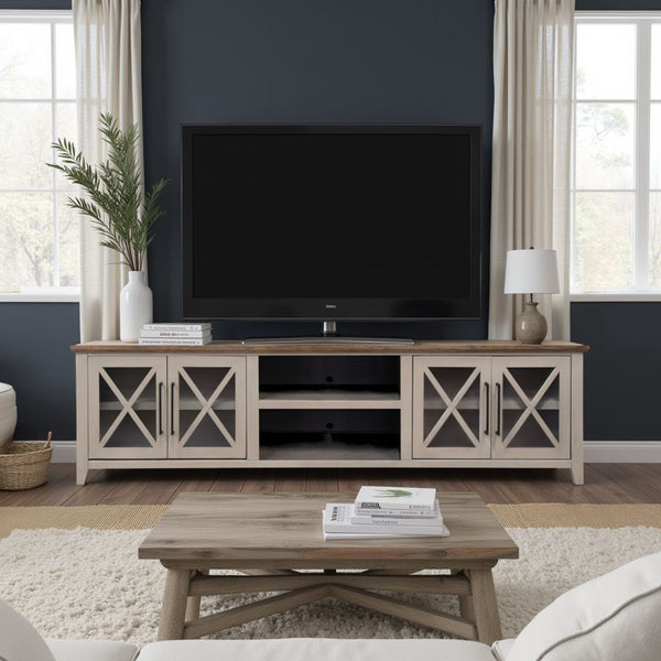 English Elm Ithaca 96 Inch Farmhouse Coastal Entertainment Console with Glass X-pane Doors Fully Assembled Beige B108P427277