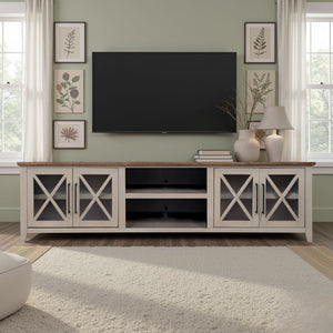 English Elm Ithaca 96 Inch Farmhouse Coastal Entertainment Console with Glass X-pane Doors Fully Assembled Beige B108P427277