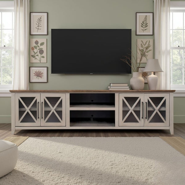 English Elm Ithaca 96 Inch Farmhouse Coastal Entertainment Console with Glass X-pane Doors Fully Assembled Beige B108P427277