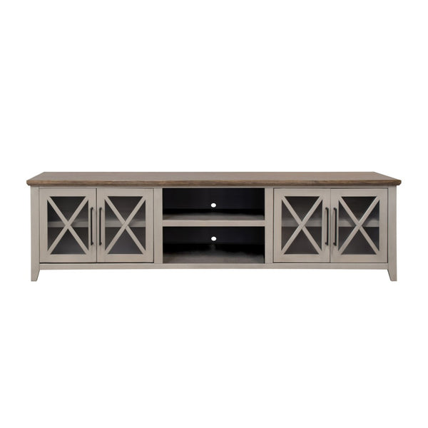 English Elm Ithaca 96 Inch Farmhouse Coastal Entertainment Console with Glass X-pane Doors Fully Assembled Beige B108P427277