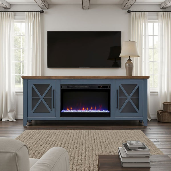 English Elm Ithaca Coastal Farmhouse Fireplace Tv Stand with Knotty Alder Top for Living Rooms Blue B108P427278