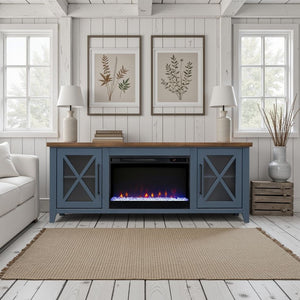 English Elm Ithaca Coastal Farmhouse Fireplace Tv Stand with Knotty Alder Top for Living Rooms Blue B108P427278