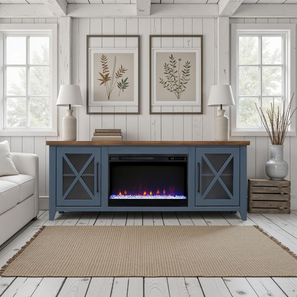 English Elm Ithaca Coastal Farmhouse Fireplace Tv Stand with Knotty Alder Top for Living Rooms Blue B108P427278