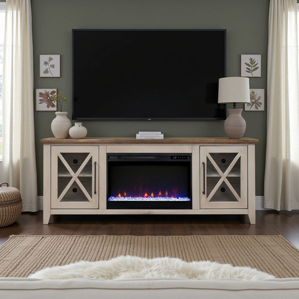 English Elm Ithaca Coastal Farmhouse Fireplace Tv Stand with Knotty Alder Top for Living Rooms Beige B108P427279