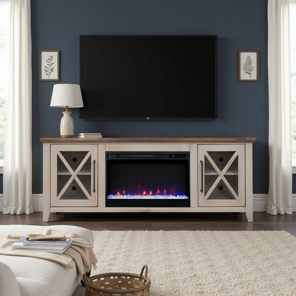 English Elm Ithaca Coastal Farmhouse Fireplace Tv Stand with Knotty Alder Top for Living Rooms Beige B108P427279