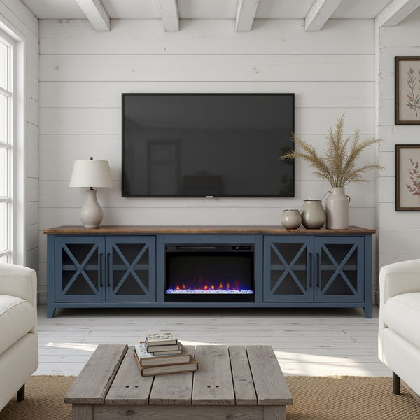 English Elm Ithaca 96 Inch Farmhouse Electric Fireplace Tv Stand with Glass Door Storage Blue B108P427280