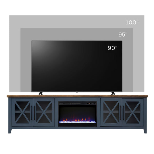 English Elm Ithaca 96 Inch Farmhouse Electric Fireplace Tv Stand with Glass Door Storage Blue B108P427280