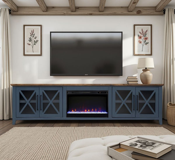 English Elm Ithaca 96 Inch Farmhouse Electric Fireplace Tv Stand with Glass Door Storage Blue B108P427280