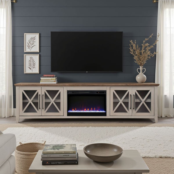 English Elm Ithaca 96 Inch Farmhouse Electric Fireplace Tv Stand with Glass Door Storage Beige B108P427281
