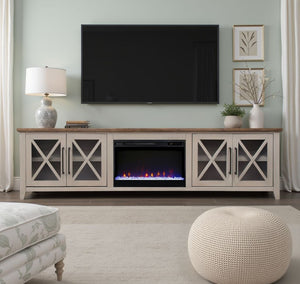English Elm Ithaca 96 Inch Farmhouse Electric Fireplace Tv Stand with Glass Door Storage Beige B108P427281
