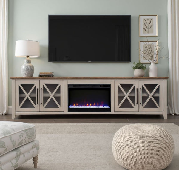 English Elm Ithaca 96 Inch Farmhouse Electric Fireplace Tv Stand with Glass Door Storage Beige B108P427281