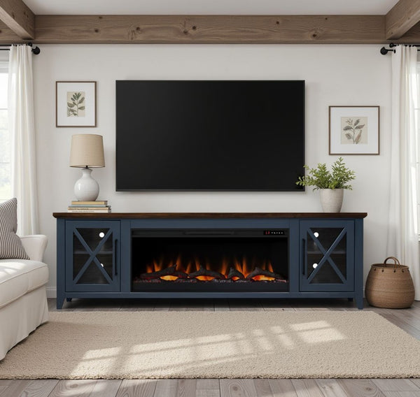 English Elm Ithaca 83 Inch Electric Fireplace Tv Stand Coastal Farmhouse Knotty Alder Console Blue B108P427282