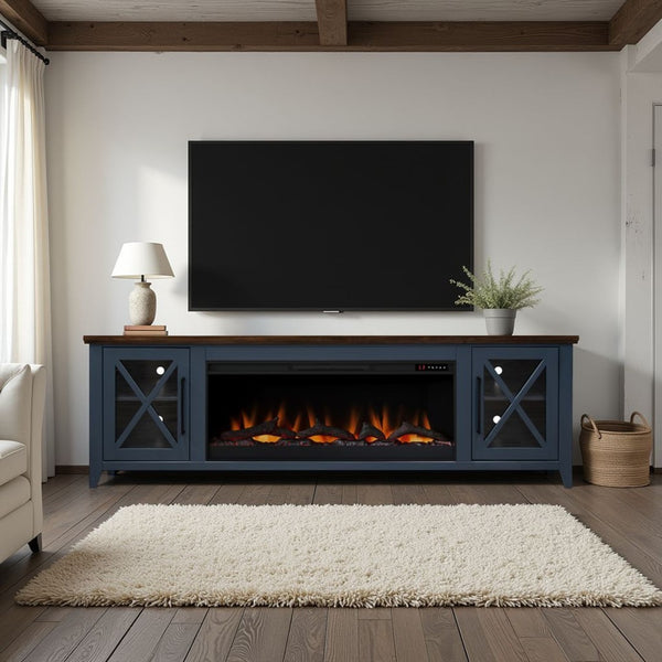 English Elm Ithaca 83 Inch Electric Fireplace Tv Stand Coastal Farmhouse Knotty Alder Console Blue B108P427282