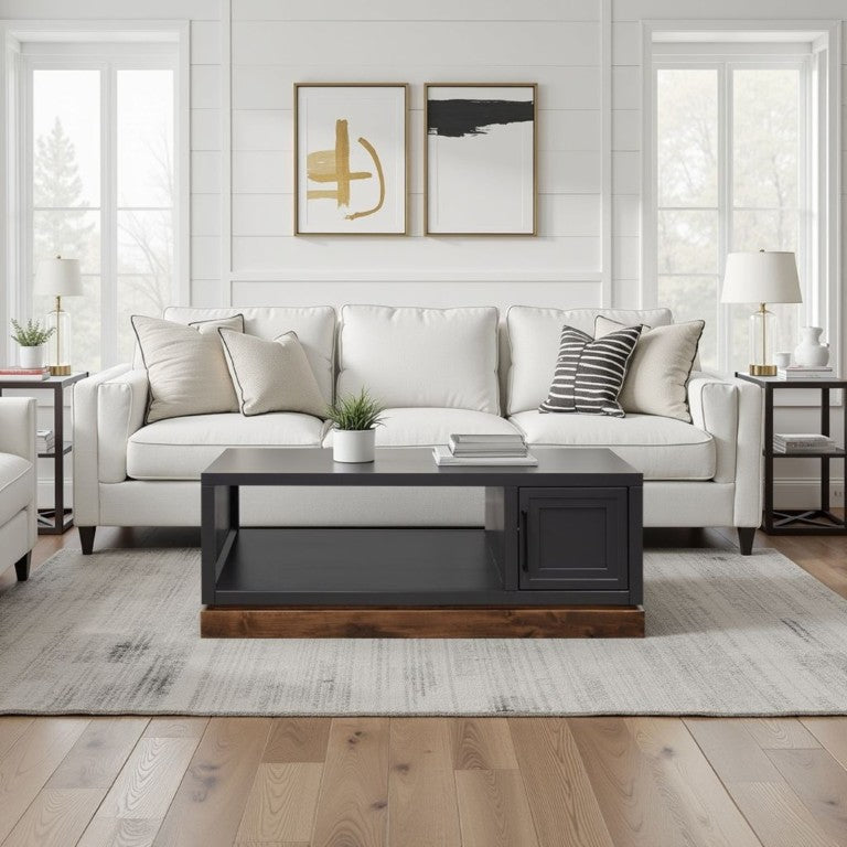 English Elm Nora Farmhouse Coffee Table with Cabinet Storage and Open Shelf Two-Tone Wood B108P427292