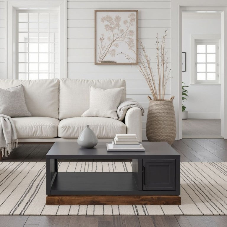 English Elm Nora Farmhouse Coffee Table with Cabinet Storage and Open Shelf Two-Tone Wood B108P427292