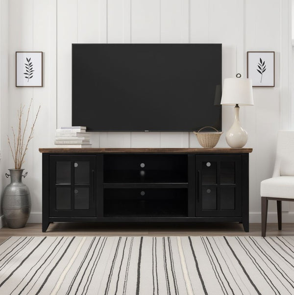 English Elm Ithaca 66 Inch Media Console Solid Wood Glass Door Tv Stand Coastal Farmhouse Style Black B108P427296