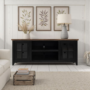English Elm Ithaca 66 Inch Media Console Solid Wood Glass Door Tv Stand Coastal Farmhouse Style Black B108P427296