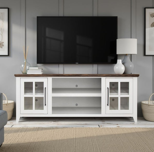 English Elm Ithaca 66 Inch Media Console Solid Wood Glass Door Tv Stand Coastal Farmhouse Style White B108P427297