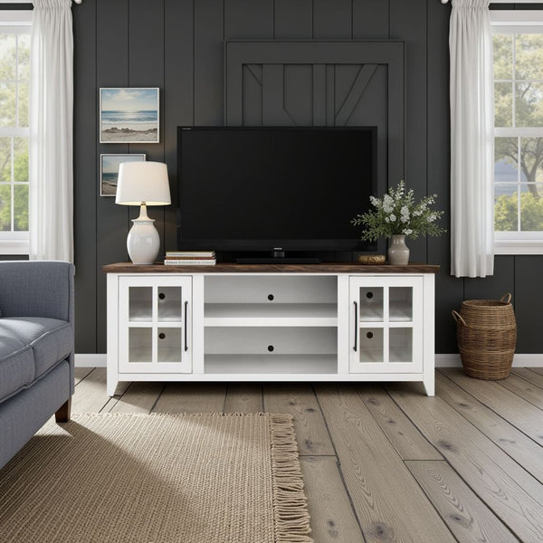 English Elm Ithaca 66 Inch Media Console Solid Wood Glass Door Tv Stand Coastal Farmhouse Style White B108P427297