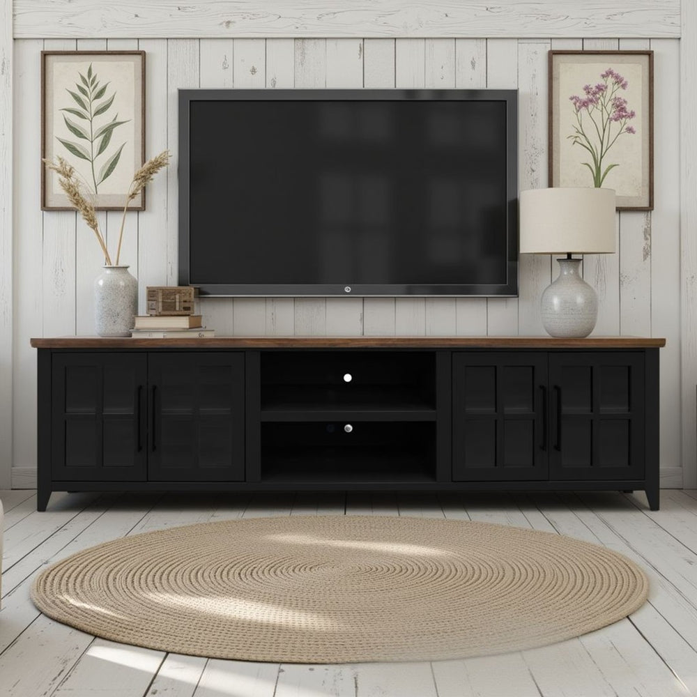 English Elm Ithaca 96 Inch Farmhouse Coastal Entertainment Console with Glass X-pane Doors Fully Assembled Black B108P427298