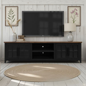 English Elm Ithaca 96 Inch Farmhouse Coastal Entertainment Console with Glass X-pane Doors Fully Assembled Black B108P427298