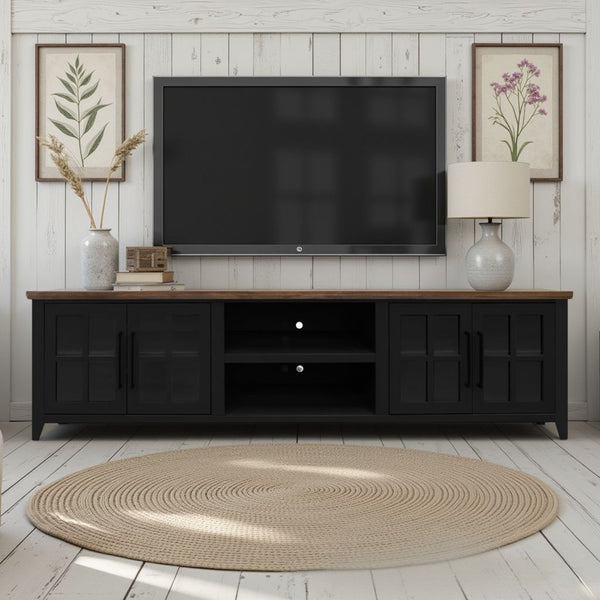 English Elm Ithaca 96 Inch Farmhouse Coastal Entertainment Console with Glass X-pane Doors Fully Assembled Black B108P427298